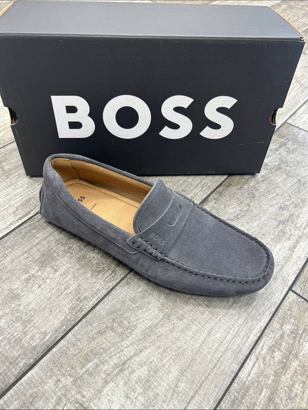 100% Authentic BOSS by Hugo Boss Men's Gray Suede Penny Loafers NWT